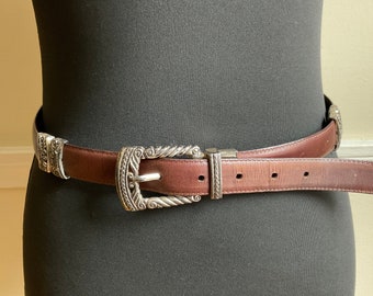 Brown Leather Belt Silver Plate Buckle Lg Links  S - M 28" - 33" / Brighton Style Leather Belt Decorative Silver Tone Rope Buckle Loop Links