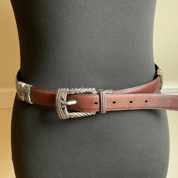 Brown Leather Belt Silver Plate Buckle Lg Links S - M 28  display picture 1