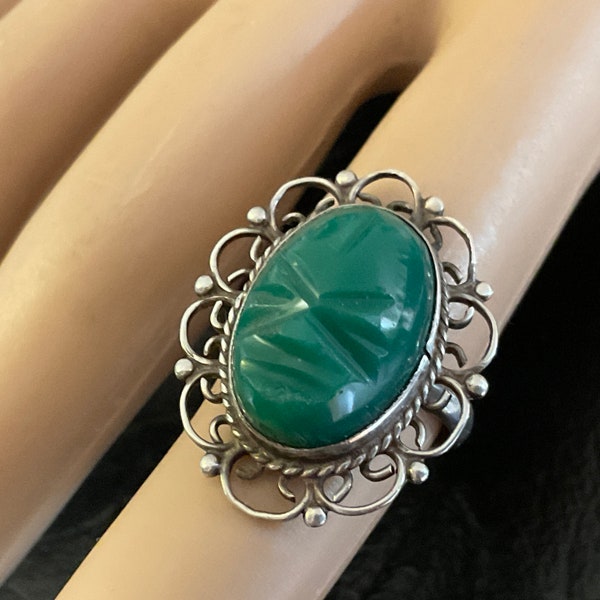 Vintage STERLING Green Onyx Mask Ring /Tribal Silver ONYX Carved Face Mask Ring / Sterling Onyx Mask Ring / Size 5