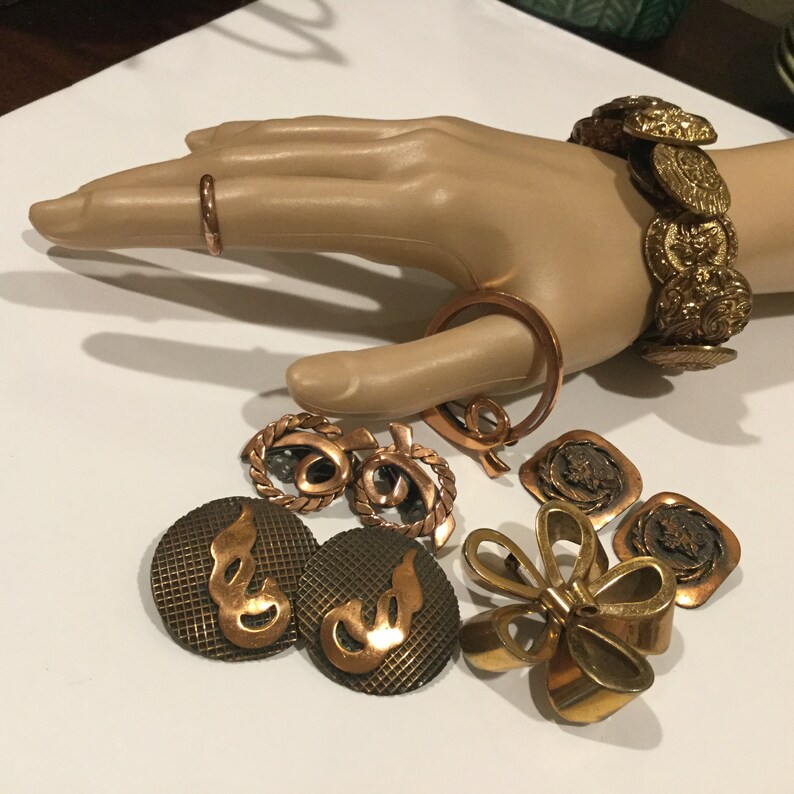 Vintage Copper Jewelry Lot 10 Pc Designer Signed Renoir Steiner Copper Brooches Brooches Earrings Button Bracelet Mid Century