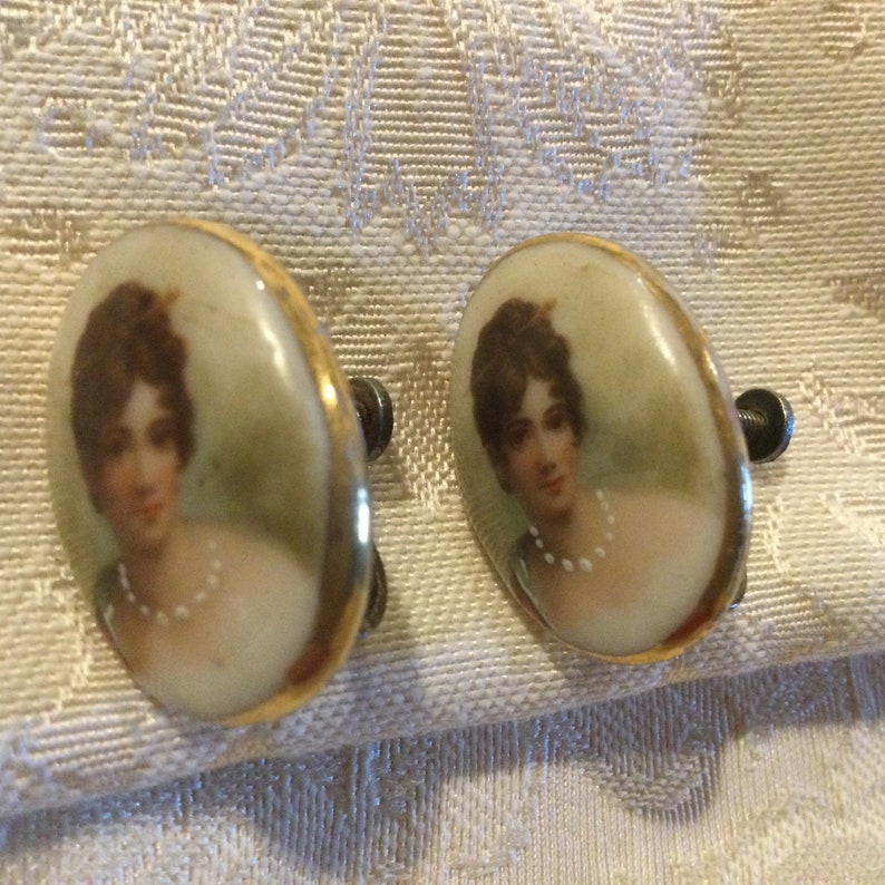 Porcelain Lady Portrait Earrings / Vintage Lady Portrait Porcelain Earrings / Porcelain Portrait Screw Earrings / Vintage Porcelain Earrings image 2