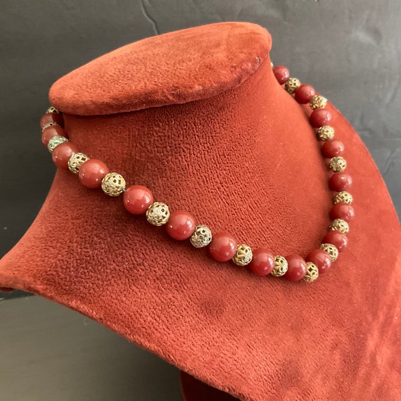 Vintage Carnelian glass & Filigree Bead necklace … - image 2