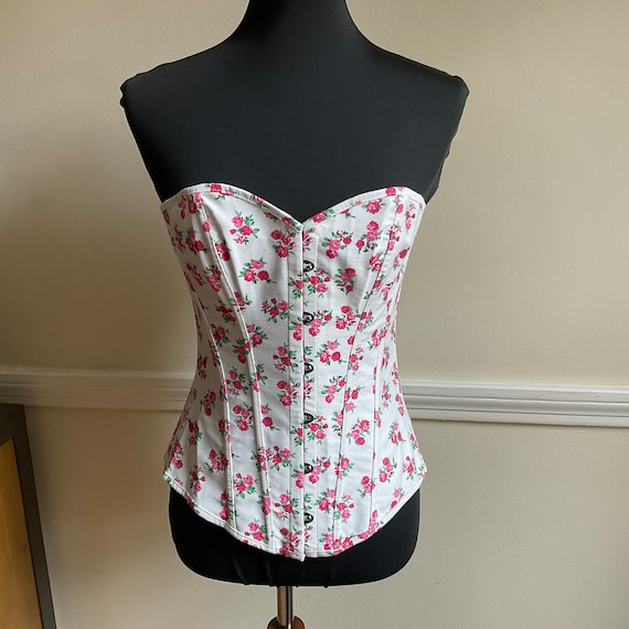Floral Laced Boned Corset Metal Snap Front / Pink 