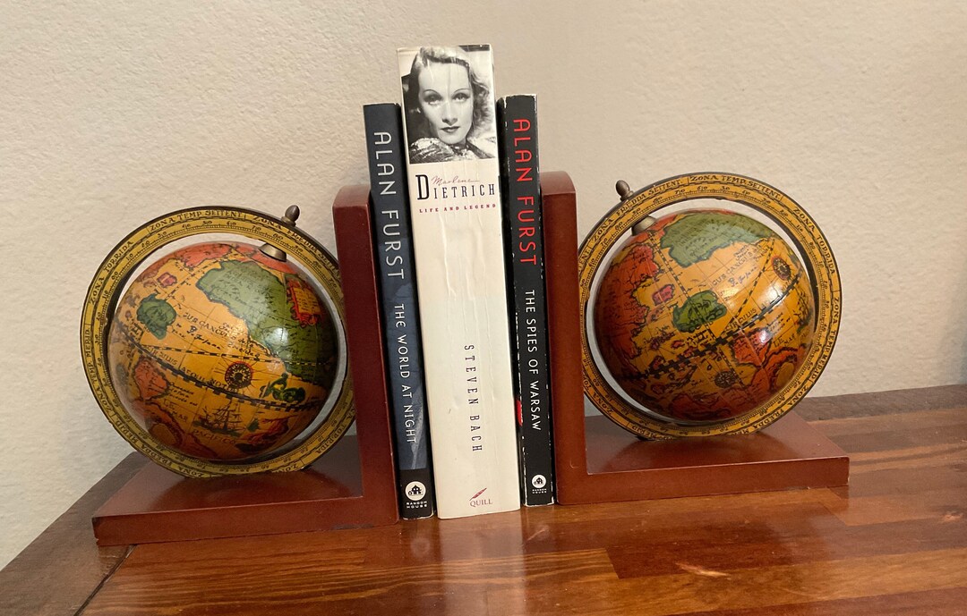Old World Globe Bookends / Spinning Rotated Globes on Wood/ Antique