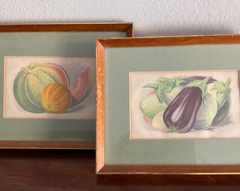 Pair Antique Prints Eggplants & Melons Hand Tinted Vtg Framed Prints / Gilt Wood Framed Fruit Prints / Antique Fruit Vegetable Framed Prints
