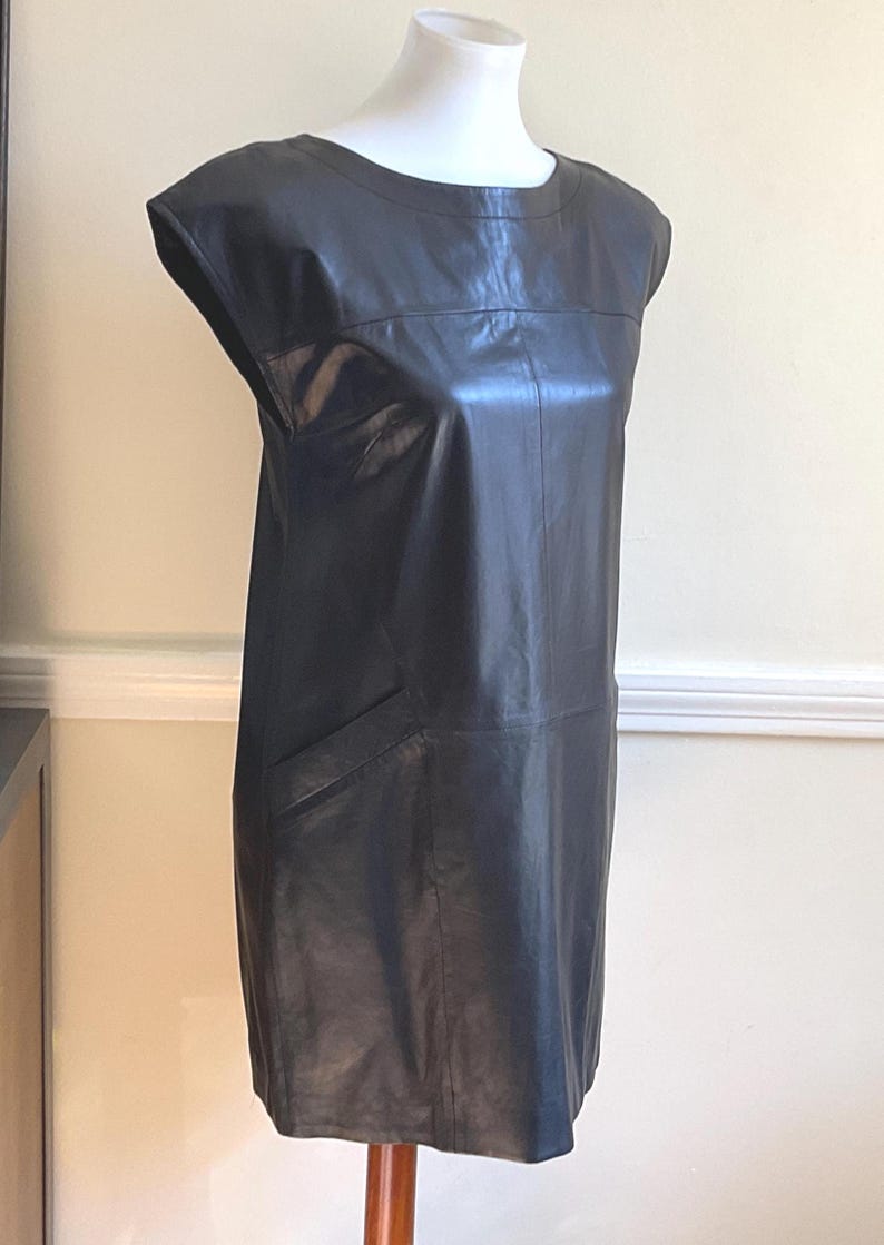 May include: A black leather dress with a round neckline and cap sleeves. The dress has a straight silhouette and a single pocket on the left side. The dress is displayed on a white mannequin.