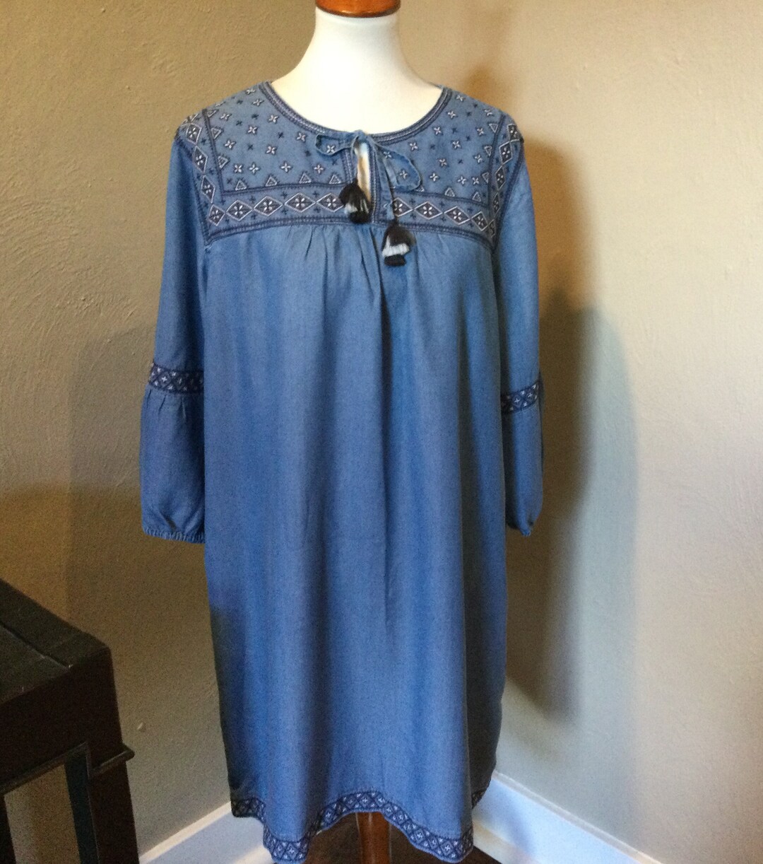 Embroidered Peasant Dress J Jill NWT / Boho Blue Denim Smock Peasant Dress / J JILL Peasant