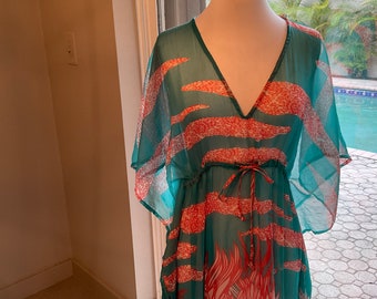 Kaftan Maxi Coral Reef Print on Turquoise Club Z Collection / Tunic Caftan Maxi Sheer Flowing Hostess Cruise Vacation Beach Cover