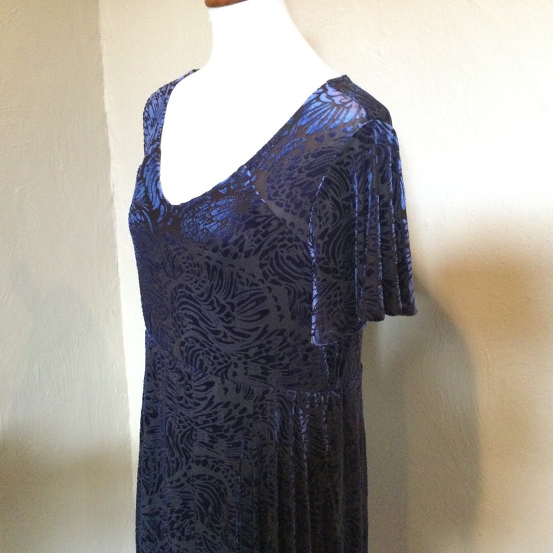 Burnout Dark Blue Floral Dress Plus Size 1 Peasant style Burnout Floral Dress Empire Waist Loose Fit Trendy Plus Size NOS