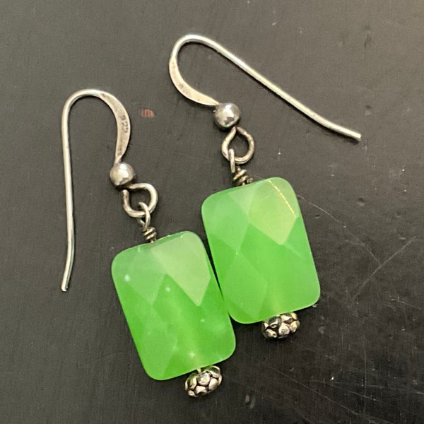 Chalcedony Rectangle Silver Earrings / Chalcedony Jewelry / Green Faceted Chalcedony Earrings / Sterling Chalcedony & Bead Accents Earrings