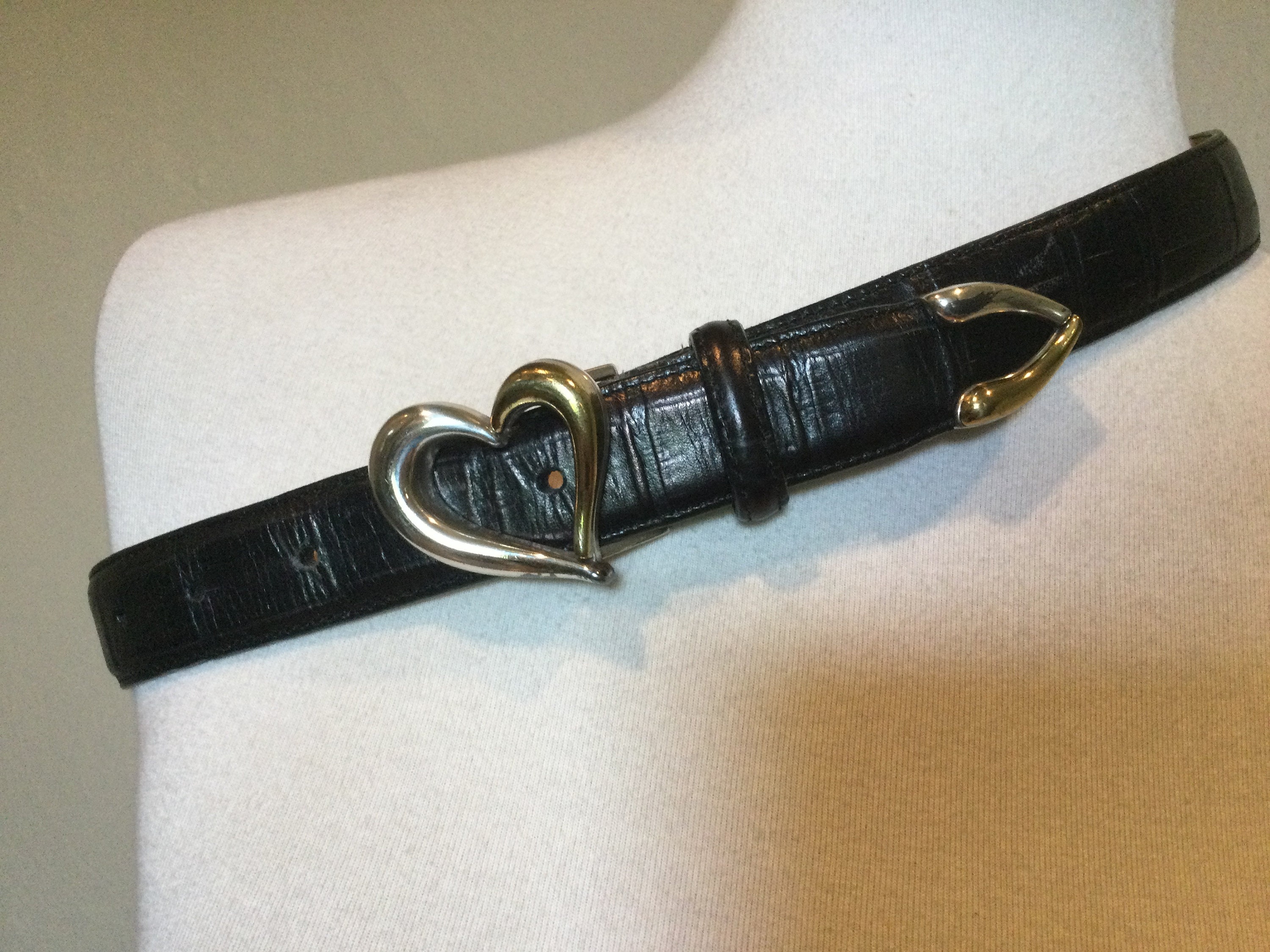 Brighton Black Faux Croc Leather Heart Belt / Silver & Gold Tone