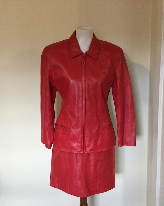 Red Leather Suit Jacket Skirt Lord Taylor Size 8 Soft Lambskin