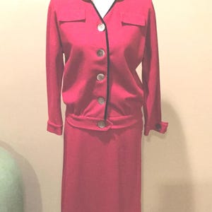 Vintage 1950s Red Wool Suit Lampl Label / Vtg 50s Ladies Red Suit / Gold Piping Faux Leather Collar / 2 Pc Vintage Womans Suit