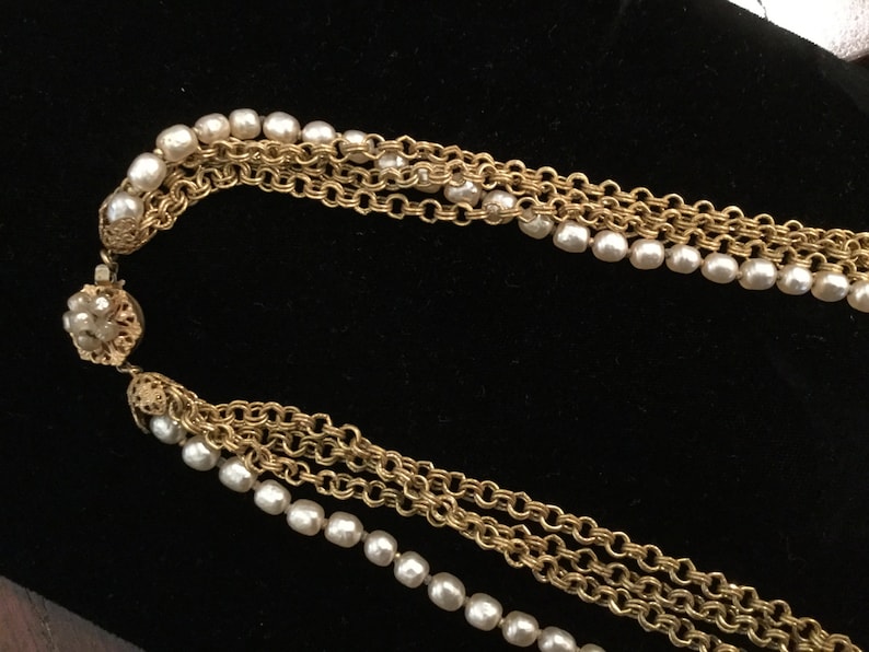 MIRIAM HASKELL Baroque Pearl NECKLACE 4 Strands 28 3 Double Link Russian Gold tone chains Faux pearl-encrusted Signed Round Box Clasp