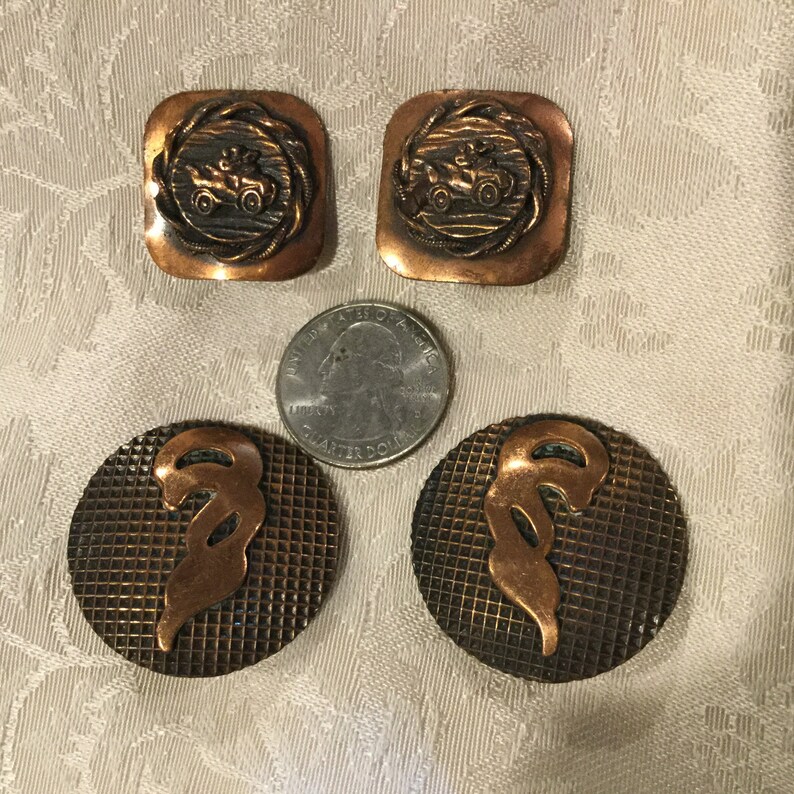 Vintage COPPER Clip Earrings 2 Pair Mid Century Copper Earrings Waffle Design w Overlay Motor Car overlay Copper Clip Eariings