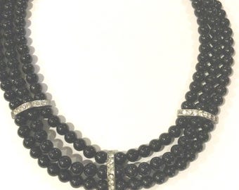 3 Strand Black Bead & Rhinestone Necklace / 1Vintage Multi Strand Black Bead Festoon Necklace with Rhinestone Accents