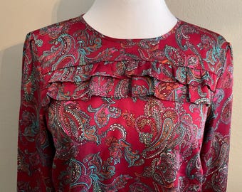 Talbots Silk Red Print Blouse Lg 40" Chest / Talbots Red Silk Print Blouse / Red Silk Print Blouse / Vintage Silk Blouses Tops Shirts