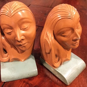 Art Deco Womans Head Bookends / Vintage Artcraft Chalkware Womans Heads  / Art Deco Chalkware Bookends / Terracotta & Blue Glaze