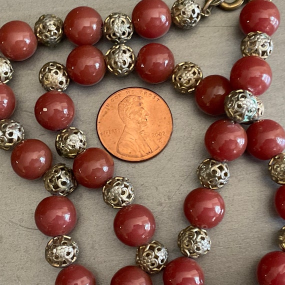 Vintage Carnelian glass & Filigree Bead necklace … - image 4
