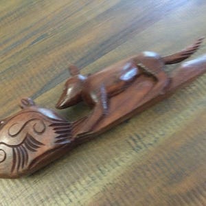 Vintage Wood Carved Water Buffalo w Rat Animal Sculpture / Hand Carved Rat on Water Buffalo Back / 16.5&quot; Wood Carved Animals