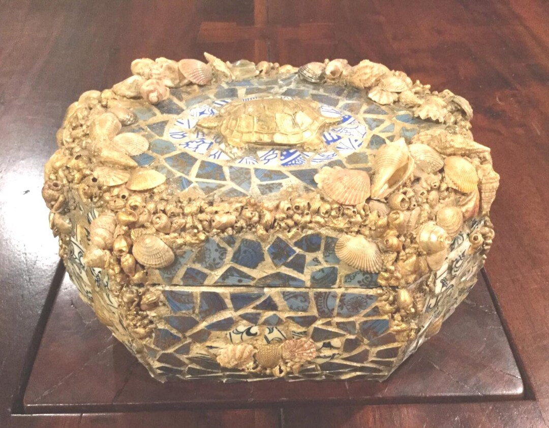 Box Turtle Shell Decorations Original Art MOSAIC & Shell Gold Turtle Keepsake Box Blue White ...