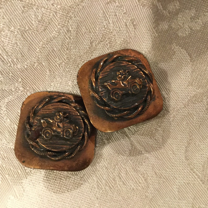 Vintage COPPER Clip Earrings 2 Pair Mid Century Copper Earrings Waffle Design w Overlay Motor Car overlay Copper Clip Eariings