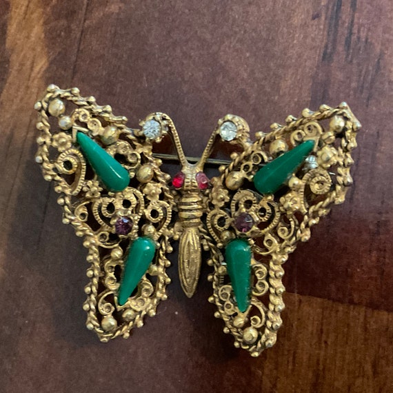 Vintage Florenza Filigree Jeweled Butterfly Brooc… - image 5