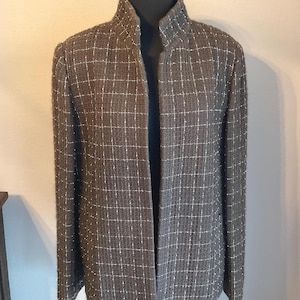 Linda Allard Ellen Tracy Open Tweed Duster Size 12 / Wool Brown White Tweed Knit Open Jacket / Woman Career Style Chic Office Professional