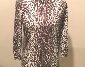 Leopard Print Merino Wool Sweater Med / Animal Print J Crew Wool Pullover / Ribbed Trim Classic J Crew Leopard Merino Wool Sweater
