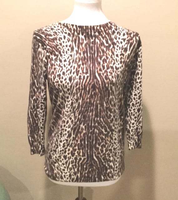 Leopard Print Merino Wool Sweater Med / Animal Print J Crew Wool Pullover / Ribbed Trim Classic J Crew Leopard Merino Wool Sweater