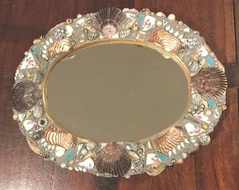 Mosaic Handmade Jeweled Shell Tabletop Mirror 11 1/2" x 9 1/2" / Shabby Chic Beach Decor Porcelain Shells Jeweled Mirror / One of A Kind