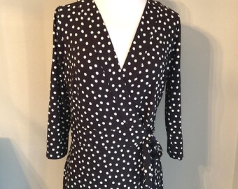 Polka Dot Wrap Drape Dress Ann Taylor Sz 6 / Ann Taylor White Dots on Black Wrap Dress / Chic Upscale Office Work Interview Dress