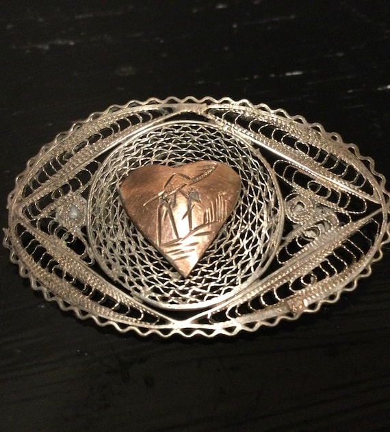 Egyptian Silver Filigree Brooch w Rose Gold Heart… - image 1