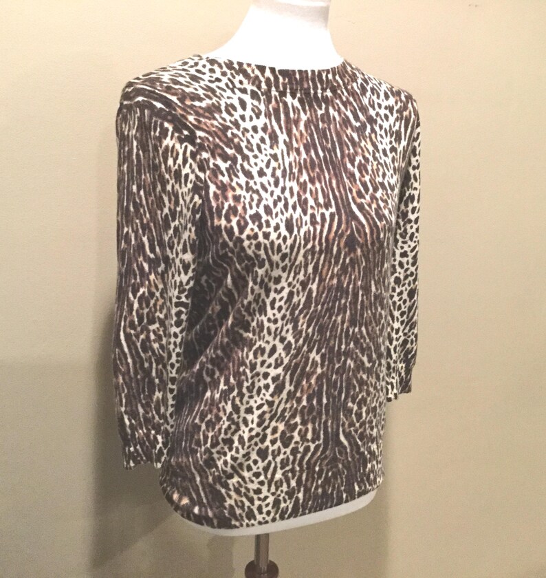 Leopard Print Merino Wool Sweater Med / Animal Print J Crew Wool Pullover / Ribbed Trim Classic J Crew Leopard Merino Wool Sweater image 2