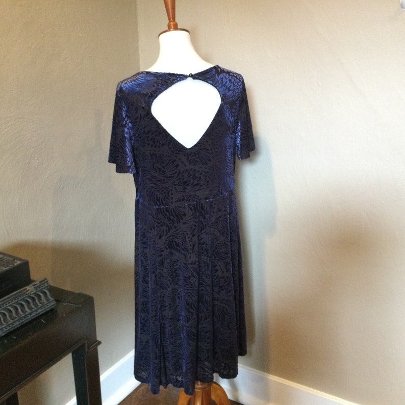 Burnout Dark Blue Floral Dress Plus Size 1 Peasant style Burnout Floral Dress Empire Waist Loose Fit Trendy Plus Size NOS