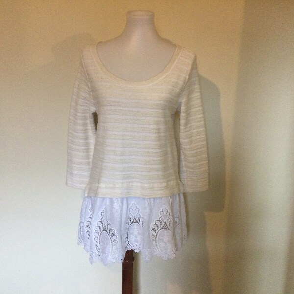 Cotton Lace Peplum Mix Knit Top / Anthropologie Sunday in Brooklyn / Mixed Cotton Knit & Eyelet Lace Peplum / M / Babydoll Tunic