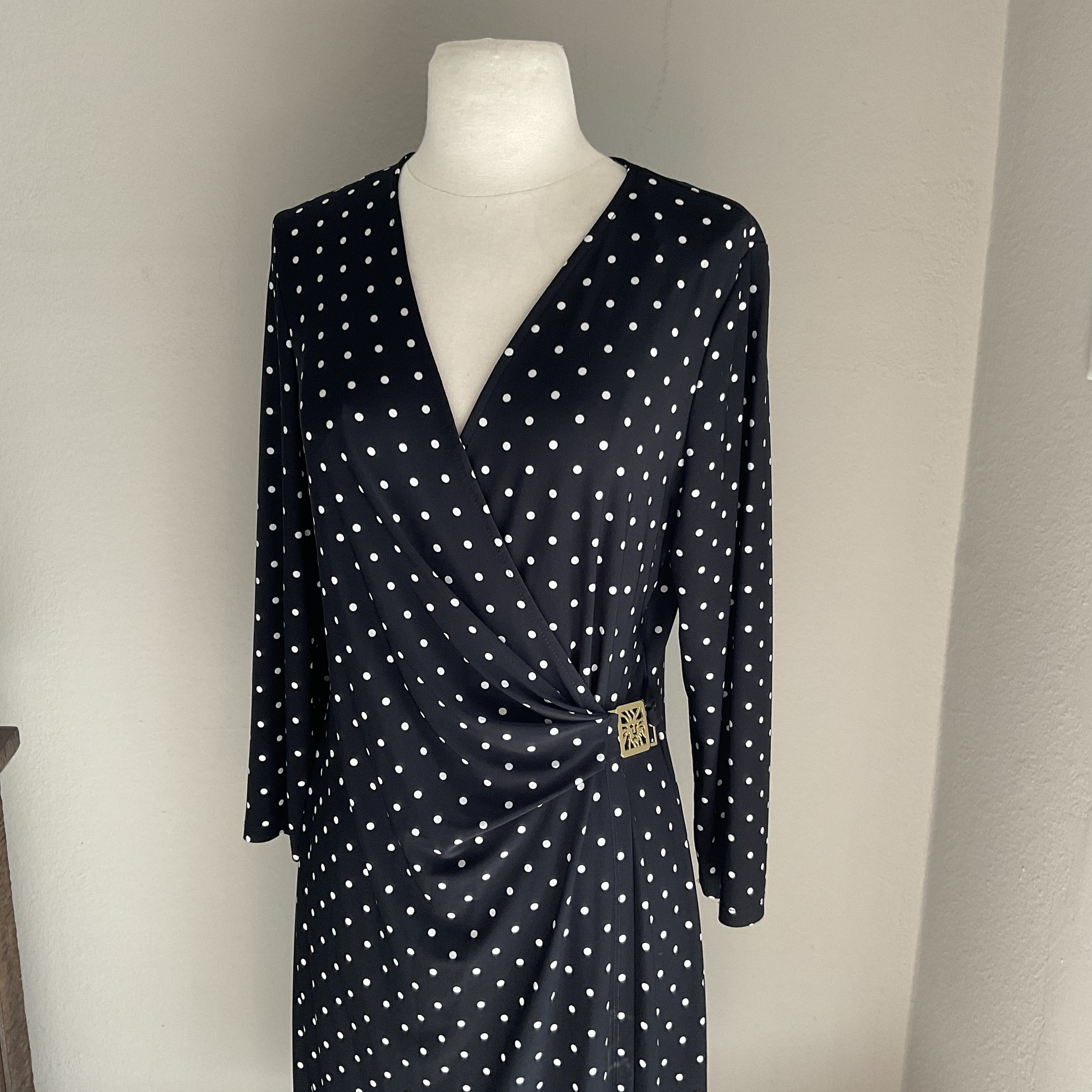 Anne Klein Polka Dot Wrap Dress Logo Buckle Anne Klein Polka Dot Dress White Dots Black Dress Size 12 Anne Klein Polka Dot Wrap Dress Etsy