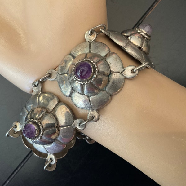 Vintage Mexico Sterling Silver Amethyst Stone Link Panel Bracelet / Dome Panel Bracelet / Vintage Signed Mexico Sterling Bracelet Vintage