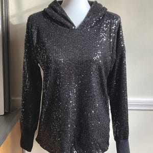 INC International Con Black Sequin Hoodie Sweater NWT M / Black Sequin Knit Hood Swtr / Glitzy Chic Date Party Evening Clubwear Hoodie