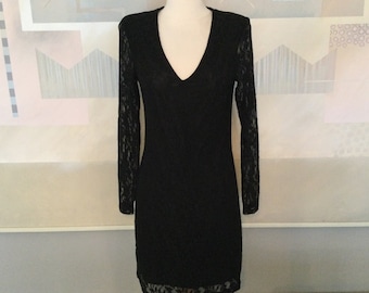 SALE Black Lace Fitted Cocktail Dress Vila / Black Lace Stretch Fit Dress / Black Lace Deep V Form Fit Dress / S / Fitted Black Lace Shift