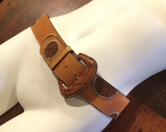 Wide Leather Belt w Lizard Snake Patches / Trending Wide Leather Belts Med/ Leather Wide Belt w Snake Accents Catherine Dial Easley