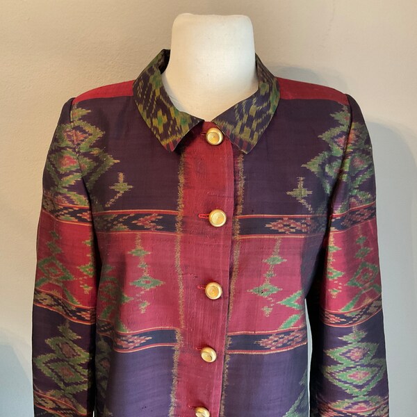 Raw Silk Dressy Suit Jacket / Ethnic Ikat Print Violet Wine Green Gold Evening Jacket / Chic Raw Silk Print Jacket / 40" Chest Med Large
