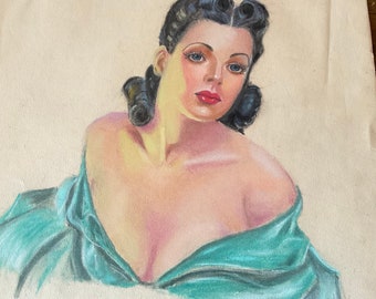 Original 40s Glam Portrait Pastel Drawing Signed / Judy Garland Portrait Pastel Drawing Signed Corcoran / 40s Judy Garland Pastel Drawing