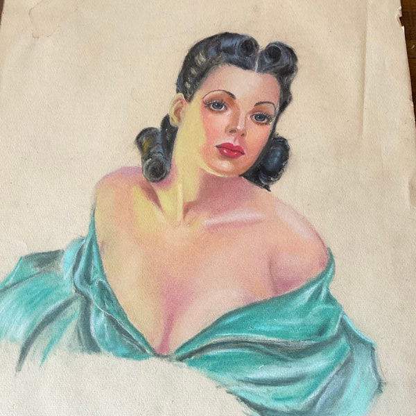 Original 40s Glam Portrait Pastel Drawing Signed / Judy Garland Portrait Pastel Drawing Signed Corcoran / 40s Judy Garland Pastel Drawing