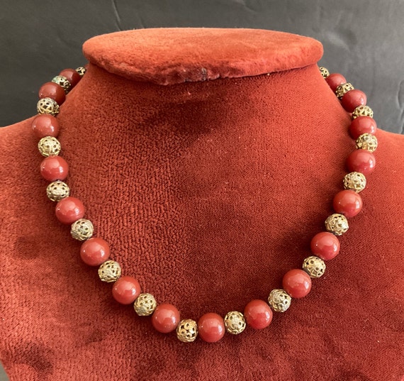 Vintage Carnelian glass & Filigree Bead necklace … - image 1