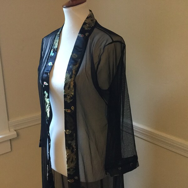 Vintage Black Sheer Embroidered Asian Style Robe / Black Satin Border / Silver Thread Dragon Embroidery