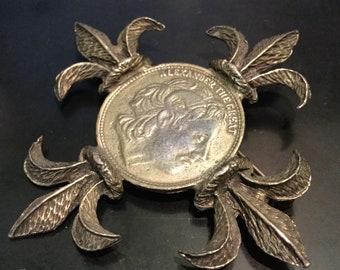 Vintage Alexander the Great Coin Brooch w Fleur de Lis / DeNicola Signed Designer Brooch / De Nicola Coin Brooch / Fleur de Lis Coin Brooch