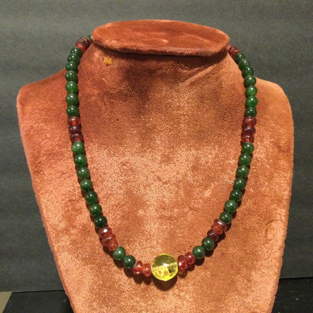 Jade Art Glass Bead Necklace / Sterling Flower Clasp / Polished Amber