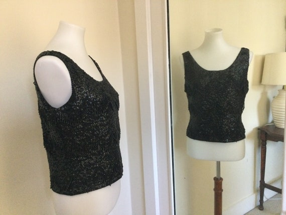 60s Vintage Black Bead Sequin Shell Top / Label S… - image 7