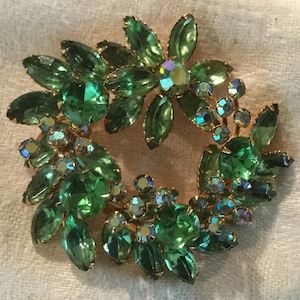 Aurora Borealis Green Rhinestone Brooch / Vintage Large AB Rhinestone BROOCH 2.75&quot; / Brooch Stacked Wreath Design Prong Set Marquis Navettes